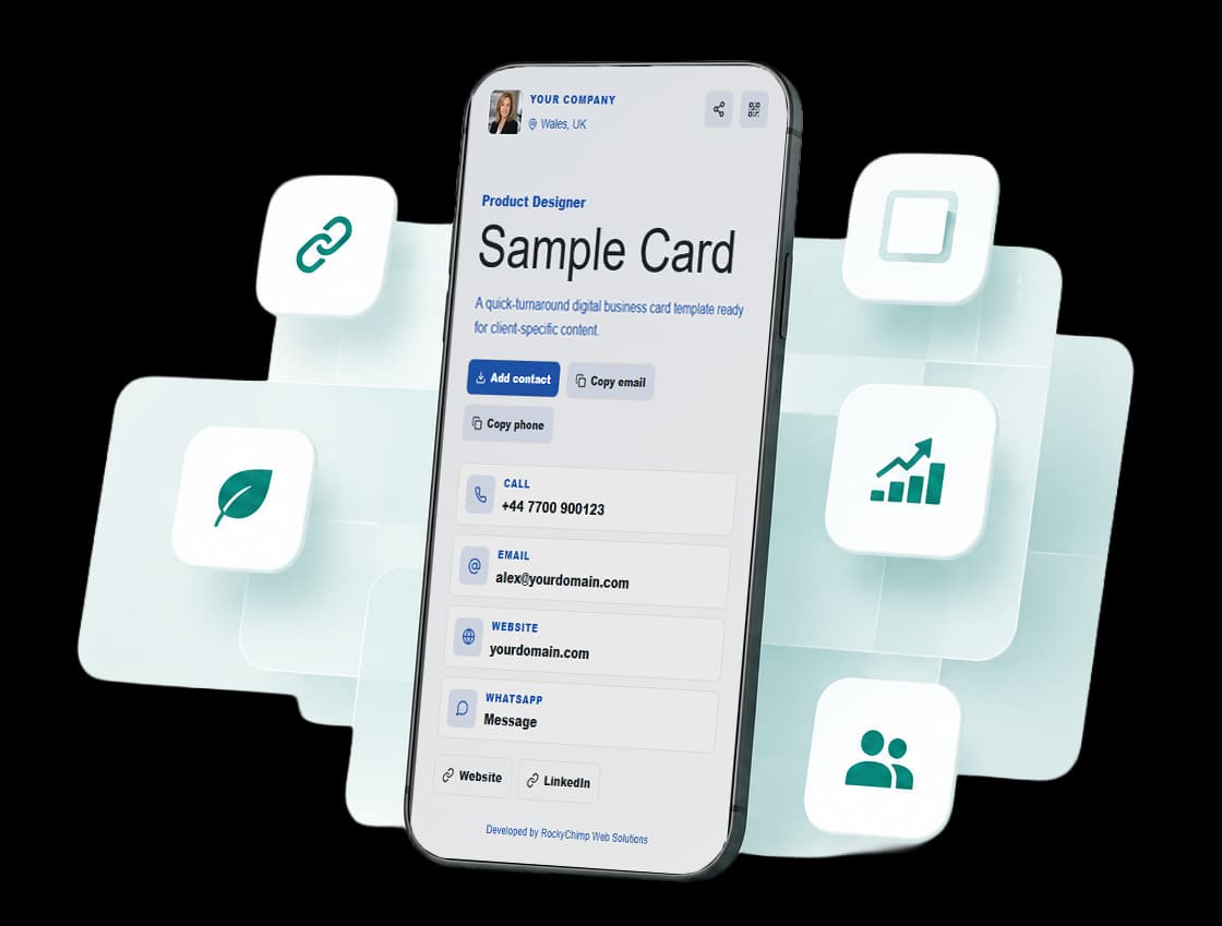 Phone mockup showing a sample digital business card